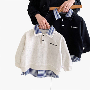 Sweat-shirt pour garçons et filles, enfants, printemps-automne, mode, tendance, chemise à carreaux à deux pièces, col polo - Product Image 4