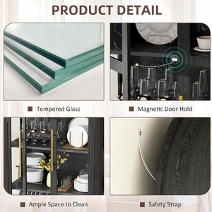 Vitrine élégante en bois de chêne <span class=keywords><strong>noir</strong></span> avec arceaux en verre, éclairage LED chaud, double porte, étagère de rangement, bibliothèque écologique pour <span class=keywords><strong>salle</strong></span> à <span class=keywords><strong>manger</strong></span> - Product Image 5