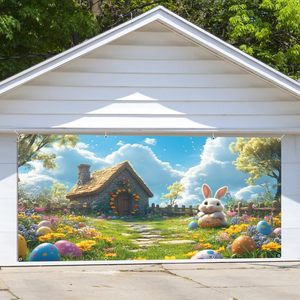 Funda para puerta de garaje de Pascua, pancarta para puerta de garaje de Pascua, decoraciones de puerta de garaje para exteriores con conejitos y <span class=keywords><strong>huevos</strong></span> de primavera, fondo de conejo y flores - Product Image 1