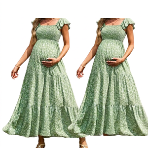 Floral Print Maternity Maxi <b>Dress</b> With Ruffles Cap Sleeve A-Line Loose Chiffon Summer Boho Style <b>Elastic</b> Waist Square Collar - Product Image 1