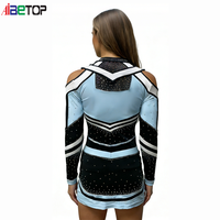 Combinaison de cheerleading de niveau professionnel bleu ciel et noir avec strass |   Uniforme de performance à col haut et manches longues