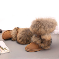 Bottes d'Hiver Fourrées en Vrai Raton Laveur Grandes Tailles pour Femmes, Bottes Décontractées Chaudes en Cuir Véritable pour la Neige 2020