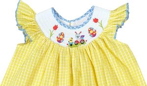 Ropa para niños con bordado K de alta calidad, conejito amarillo, huevos de Pascua, flores, monos, monos, diseño ahumado para primavera - Product Image 2
