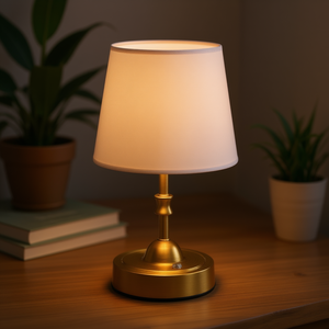 Lampe de table de bureau dorée de petite taille, abat-jour en tissu, batterie rechargeable, design moderne, source de lumière LED, base d'ampoule E27 - Product Image 2