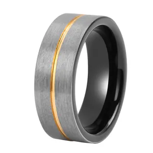 Classic Flat Design Gold Channel Brushed Tungsten Ring Mens Wedding Bands