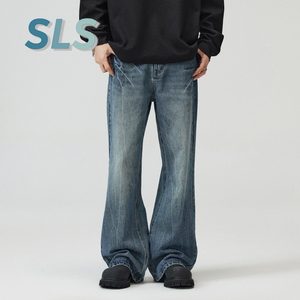 Pantalones Vaqueros de Mezclilla para <span class=keywords><strong>Hombre</strong></span>, Estilo Retro, Lavado a la Piedra, Estampado de Rayos, Micro Acampanados, Casuales, Holgados, de Pierna Recta, Negros - Product Image 4