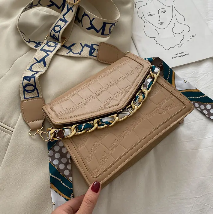 Latest High Quality Crocodile Pattern Silk Scarf Chain Handbag Strap Leather 2022 Purse Stylish Handbags With Scarfs