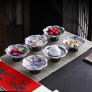 Plato de cerámica azul y blanco con forma de loto, plato de porcelana para refrigerios, para fiestas de té, decoración para mesa de café en la sala de estar. - Product Image 4