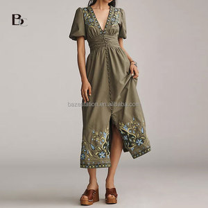 Vente en gros OEM/ODM Robe longue à col en V brodée, style bohème floral tissé, haut <span class=keywords><strong>de</strong></span> gamme, sur mesure, style western - Product Image 3