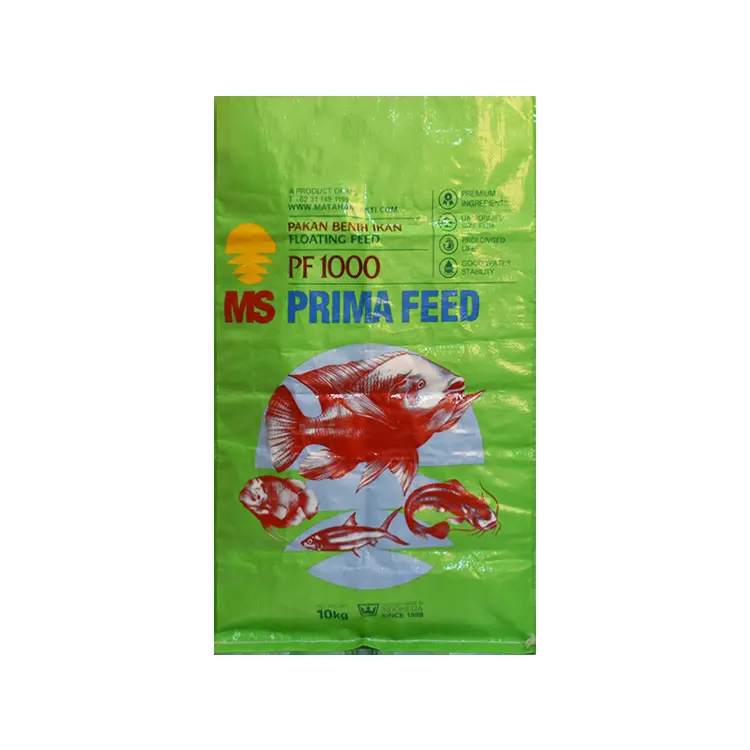Màu xanh vương miện 25kg thức ăn cho cá túi dệt túi chống ẩm 6mm cho cá rô phi flexo in thức ăn cho cá đóng gói túi công nghiệp sử dụng thực phẩm