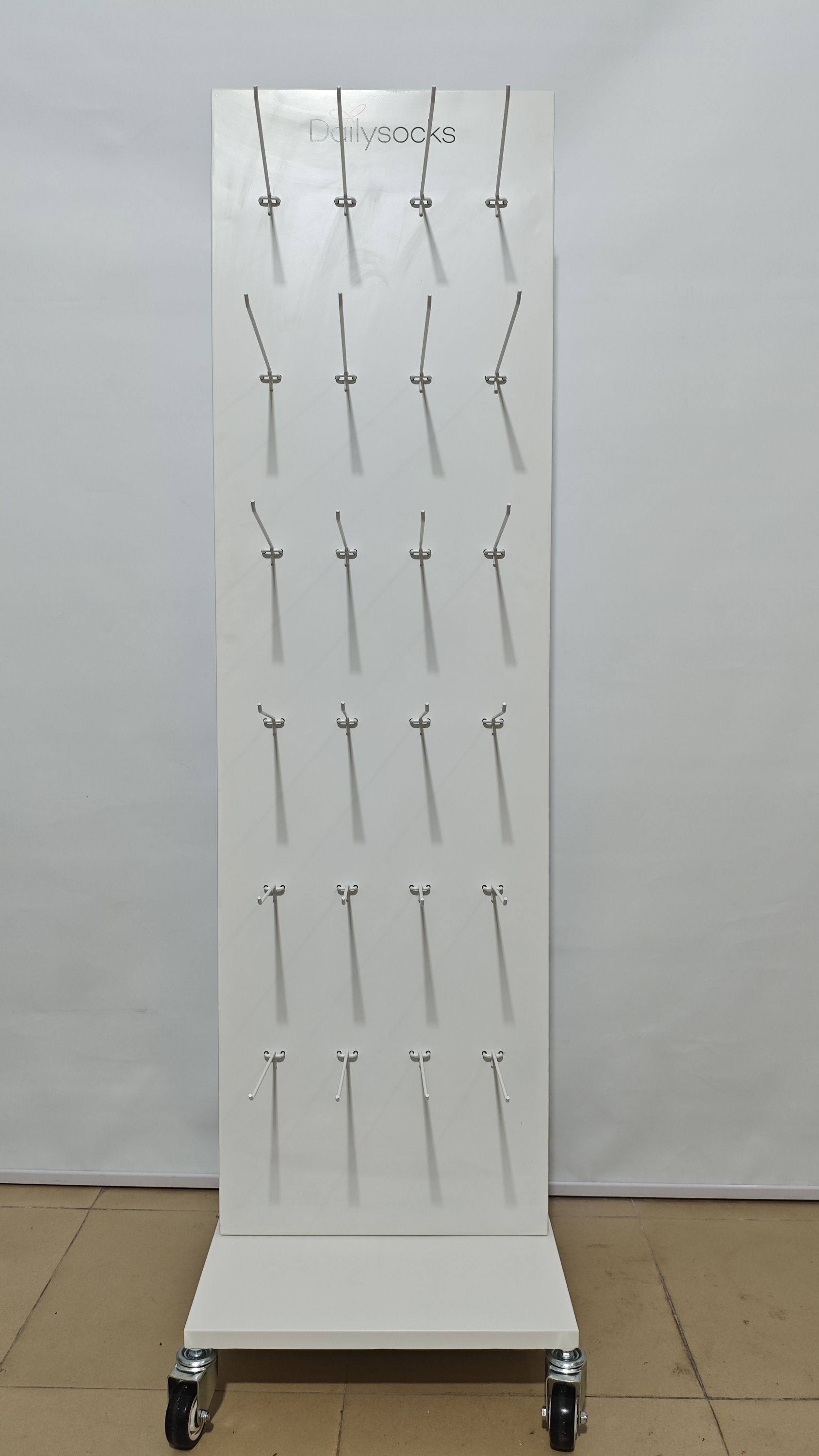 Metal Peg Board Floor Standing Advertising Display Stand Double-side Detachable Racks with Long Hooks Castor for Retail Shops — view 3