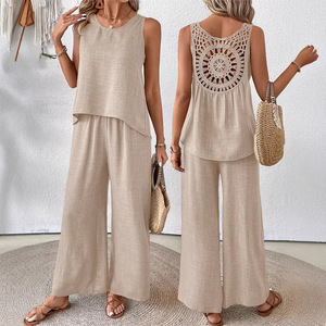 Ensemble deux pièces pour femmes avec découpe au dos, couleur unie, tenue décontractée tendance - Product Image 1