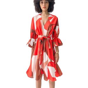 Robes longues décontractées pour femmes, personnalisées, de haute qualité, avec imprimé floral, col varié, manches longues et courtes, taille ajustée, vente en gros - Product Image 1
