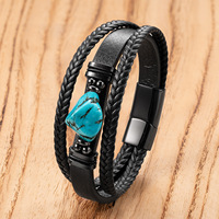 Bracelet artisanal pour homme en cuir et pierres naturelles irrégulières, cordon tressé fait main, fermoir en acier inoxydable, bracelet asymétrique