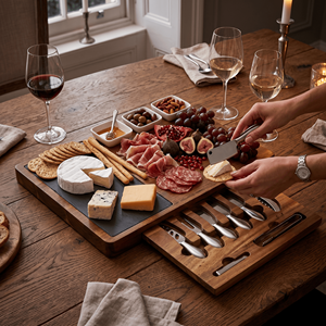 Grande planche <span class=keywords><strong>à</strong></span> charcuterie en bois Planche <span class=keywords><strong>à</strong></span> <span class=keywords><strong>fromage</strong></span> en bois d'acacia <span class=keywords><strong>Plateau</strong></span> de charcuterie <span class=keywords><strong>Plateau</strong></span> de service avec ensemble de couverts - Product Image 6
