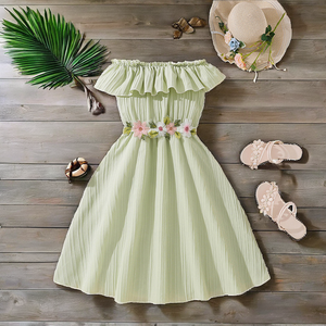 Vestido de Verano para Niñas, Estilo Informal, con Tirantes de Encaje, Color Sólido, Largo hasta la Rodilla, Transpirable, para la Playa - Product Image 1