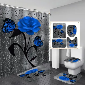 Tenda doccia 3d fleur imprimé tissu imperméable numérique flore impression rideau de douche avec tapis et tapis