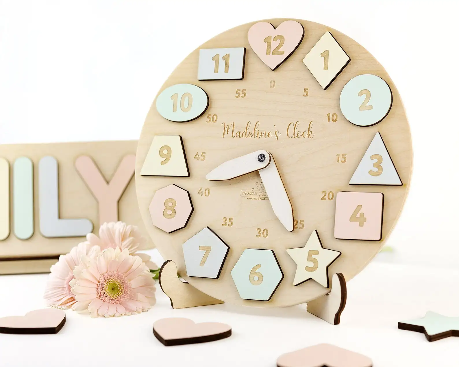 Personalized Wooden Name Clock with Shapes Easter Gift Puzzle Toys for Toddler Gift 1st Birthday Montessori Toy Baby Gift