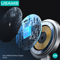 USAMS CD234 Support de téléphone de bureau magnétique pliable multifonction trois en un Support de charge rapide 15W Chargeur sans fil 3 en 1