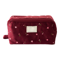 Pochette cosmétique personnalisée OEM avec nœuds brodés, boîte à maquillage plate, sac en velours brodé feuilles vertes