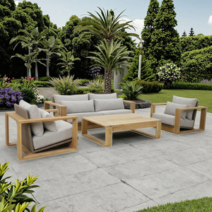 Juego de sofá tallado en madera de teca con estilo moderno Yoho, muebles de Hotel para comedor al aire libre a la moda, juegos de jardín de ratán de madera plástica - Product Image 1
