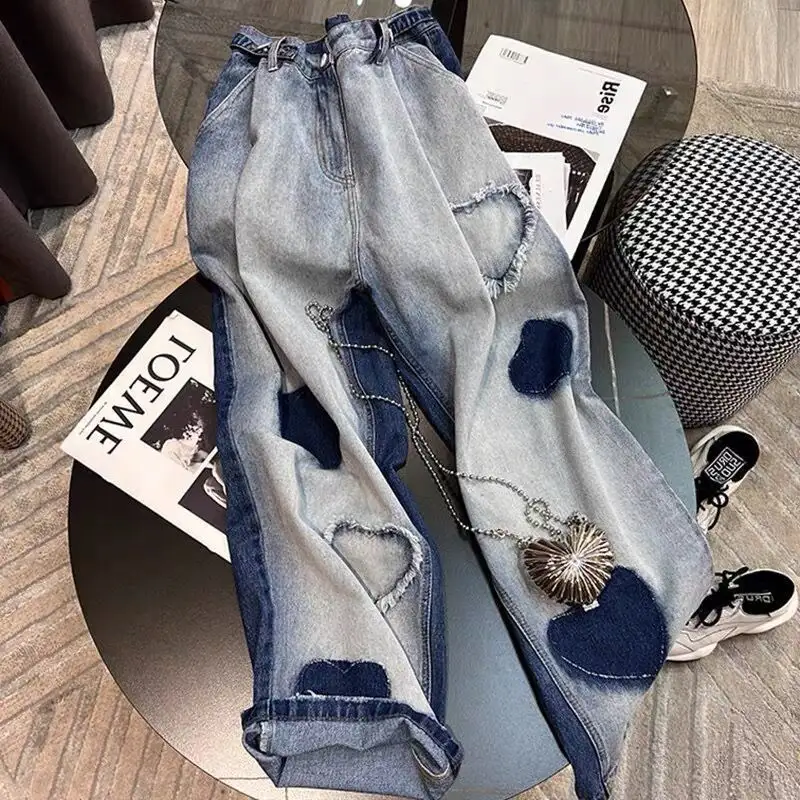 Streetwear Coração Azul Jeans De Cintura Alta Y2k Estilo Coreano Hip Hop Em Linha Reta Denim Jeans Namorado Para As Mulheres Calças