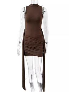 Robe d'été sans manches à col rond pour femme, sexy, plissée, avec ruban, coupe ajustée, vente chaude - Product Image 5