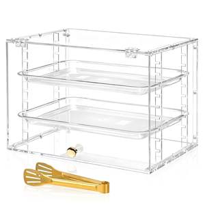 <span class=keywords><strong>Vitrine</strong></span> à pâtisserie et à pain en acrylique triple avec 2 plateaux amovibles, ouverture frontale à pince dorée pour comptoir de cuisine et boulangerie - Product Image 1