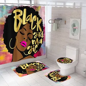 宾迪热卖设计师黑女孩4 pcs非洲浴帘套装配地毯