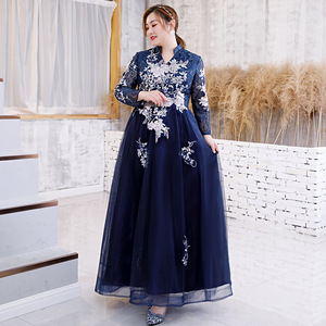 Chinese Style Plus Size Navy Blue Long Sleeve Embroidered Dress For Performance Banquet Women - Product Image 2