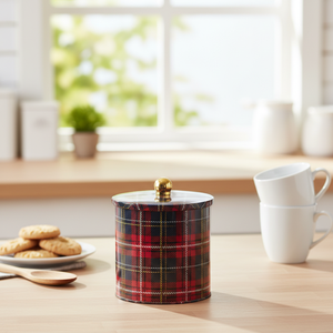 Ekose 2.1L Food <b>Storage</b> & <b>Container</b> 2.1L Metal round Canister with Knob Handle 140x150mm Plaid Design - Product Image 3