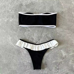 ชุดบิกินี่แบบ Bandeau สีพื้นสำหรับผู้หญิง 2 ชิ้น ชุดเซ็ตระบายขอบเอวสูง ระบายอากาศได้ดี แห้งเร็ว เหมาะสำหรับใส่ไปชายหาด - Product Image 2