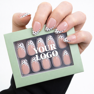 <span class=keywords><strong>Faux</strong></span> ongles en gel souple réutilisables à presser, couleur nude rose amande, motif pois noirs, marque privée - Product Image 1