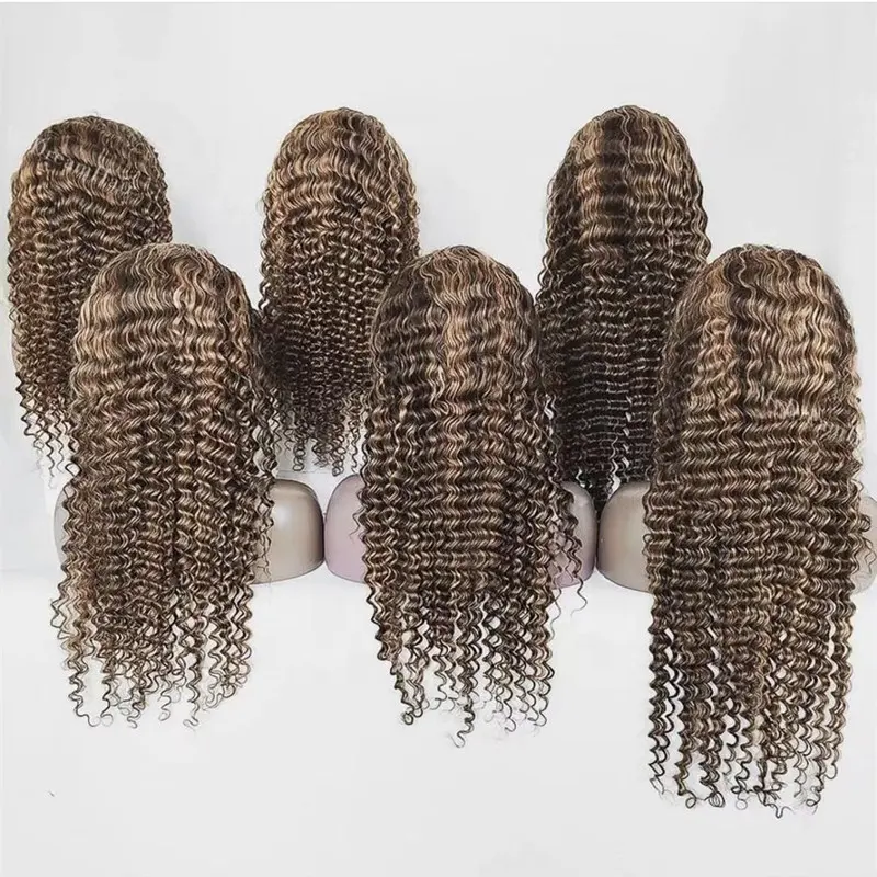 Highknight Wholesales Brazilian Human Hair Highlight 1b Honey Brown Color Curly P4/27 13x4 13x6 Transparent Lace Frontal Wigs