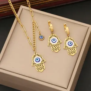Hot Sale Vintage Rhinestone Zircon Blue Eyes Irregular Hamsa Pendant Evil on Eye Necklace Stainless Steel Jewelry Set for Women