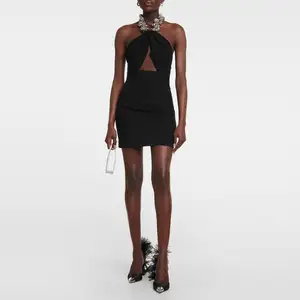 Hoge Kwaliteit Vrouwen Halter Mouwloze Casual Zwarte Rugloze Sexy Club Party Cutout Vestidos Mujer Bodycon Prom Dress