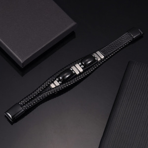 Obsidian <b>Leather</b> <b>Bracelet</b> 7.5 8.5 9 Inches Stainless Steel Magnetic Clasp Men's Jewelry Gift - Product Image 3