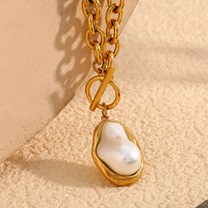 Dreamshow Baroque <strong>Pearl</strong> Jewelry OT Clasp Chain <strong>Necklace</strong> 18k Gold Plated Jewelry Fashion Stainless Steel <strong>Necklace</strong> - Product Image 4