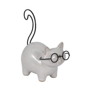 Statuetta di Gatto in Ceramica con Occhiali in Metallo per Arredamento Casa, Scaffale Soggiorno, Tavolino da Caffè, Decorazione con Coda - Product Image 1