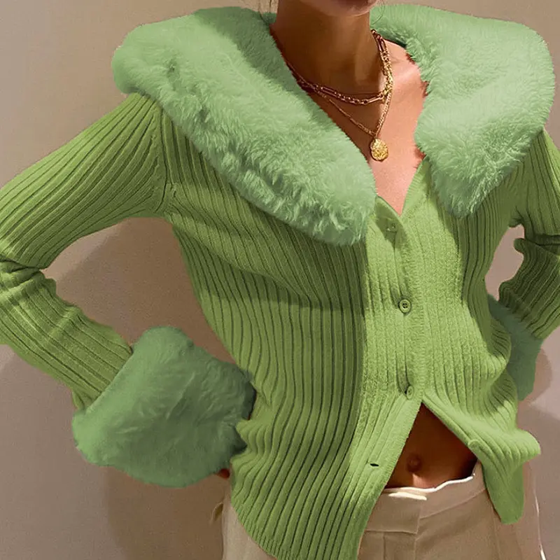 Winter Fluffy Faux Fur Patchwork Knitted Cardigan Coats And Jackets Women Button Up Long Sleeve Fashion Warm Tops Green