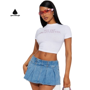 Màu xanh lá cây lúm đồng tiền Rhinestone chữ in T-Shirts thời trang giản dị O Cổ Ngắn Tay Áo Crop Tops mùa hè sexy tee phụ nữ - Product Image 3