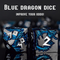 Gunmetal DND Metal Dice Set 7PCS | Dés à motif de dragon bleu de police blanche | Fabricant de dés RPG gravés sur mesure