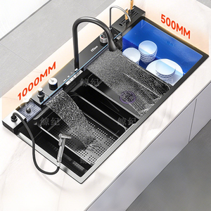 Évier de cuisine à fente unique en acier inoxydable 304 nano domestique, grand évier à cascade avec pistolet pulvérisateur et porte-couteau - Product Image 1