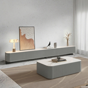 Ensemble moderne de meuble TV réglable et table basse en bois massif, compatible avec les téléviseurs de 65 pouces et plus, blanc, pour salon - Product Image 2