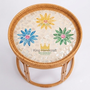 Unique Handicraft Cane Tea <b>Table</b> <b>Round</b> Shell Inlay Top Boho Style Bedside Living Room Corner <b>Coffee</b> <b>Table</b> <b>Cheap</b> Price - Product Image 1