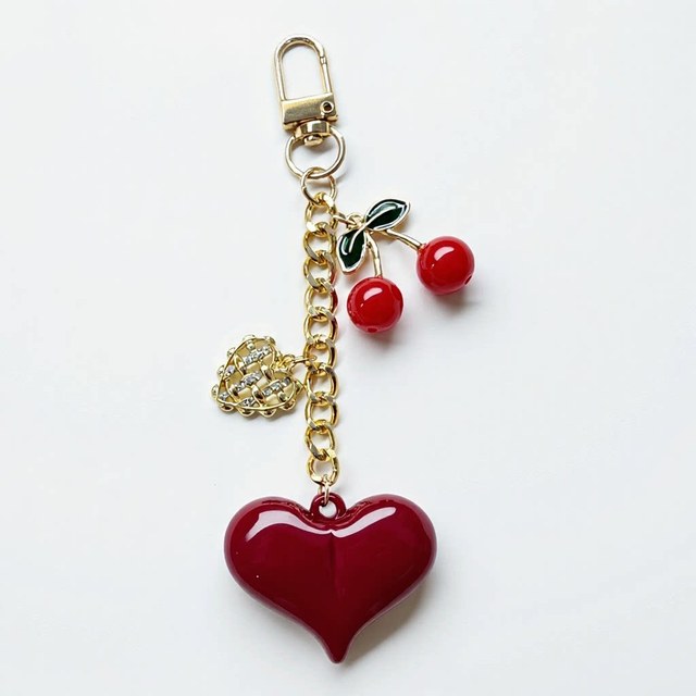 Kawaii Red Glossy Heart Cherry Keychain Gold Chain Sweet Y2K Bag Charm Pendant Women Handbag Phone Case Decor Birthday Gift