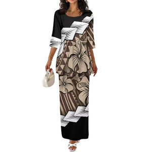 Robe longue d'été et d'automne à motif floral avec logo personnalisé, col rond, manches courtes, ensemble 2 pièces polynésien, taille haute élégante pour femme, décontractée - Product Image 4