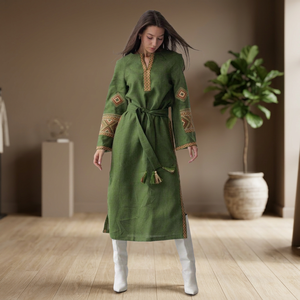 Vestido Midi Boho Verde con Estampado Digital, Cuello en V, Manga Larga, Corte Holgado, Cierre con Lazo Delantero, Estilo Casual para Otoño - Product Image 2