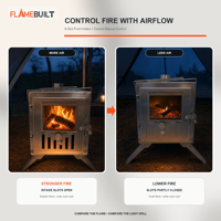Poêle à bois portable manuel FLAMEBUILT OEM en acier inoxydable à nervures en X avec porte vitrée avant, conduits de cheminée et côtés pliables