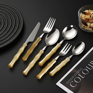Juego de cubiertos de acero inoxidable 304 con diseño de bambú acrílico para carne, postre, sopa, cuchara, tenedor, cuchillo, duradero, para fiestas. - Product Image 2